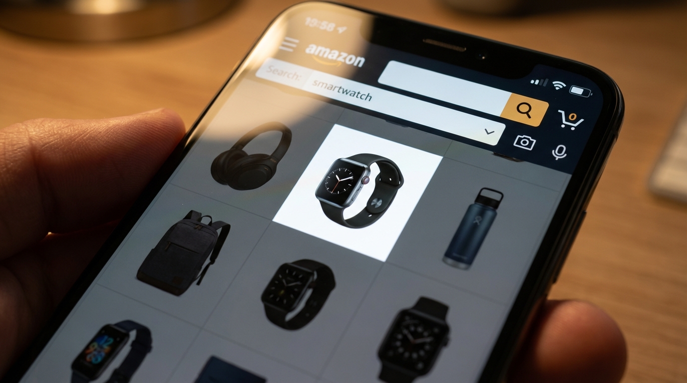 Smartphone showing Amazon product listing search results with thumbnail images in a grid view