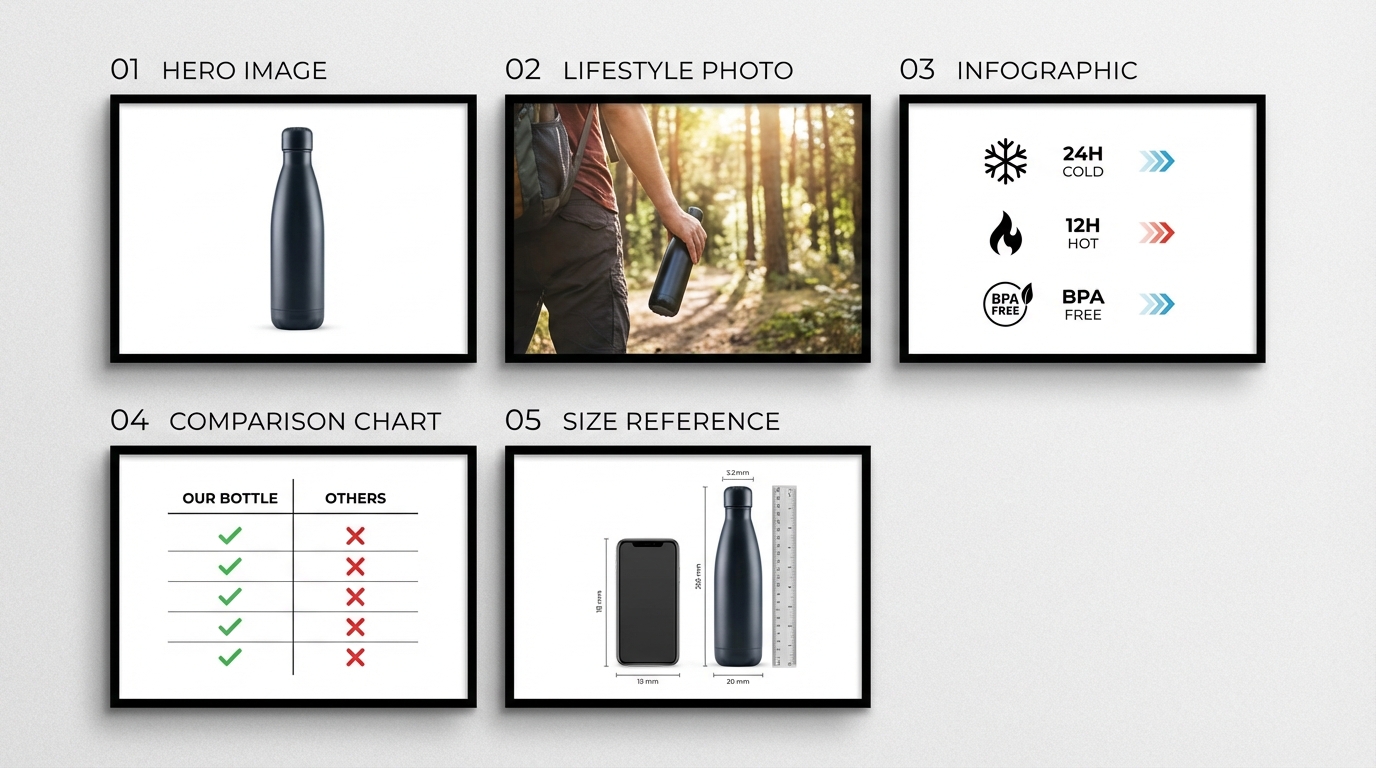 Flat lay diagram of Amazon product listing image sequence showing numbered image slots for hero, lifestyle, infographic, comparison, and size reference