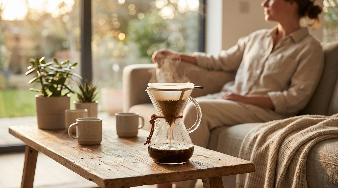 Consumer product photographed in a warm lifestyle setting with natural golden hour light and shallow depth of field
