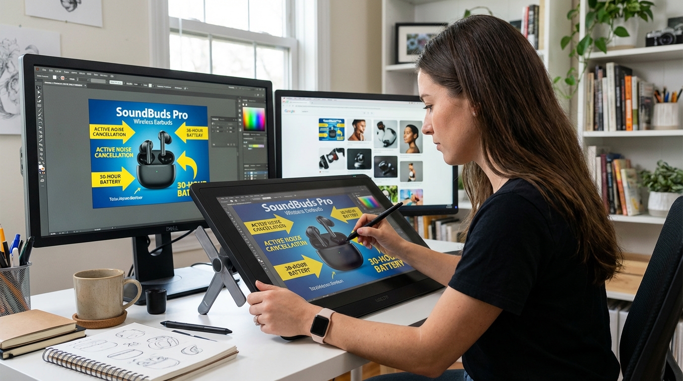 Graphic designer creating Amazon product infographic with callout arrows and feature highlights on a design tablet