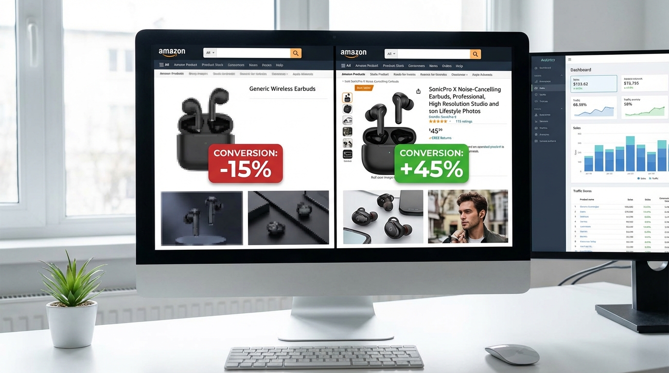 Side-by-side comparison on a monitor showing Amazon product listing with poor versus optimised professional images and analytics dashboard