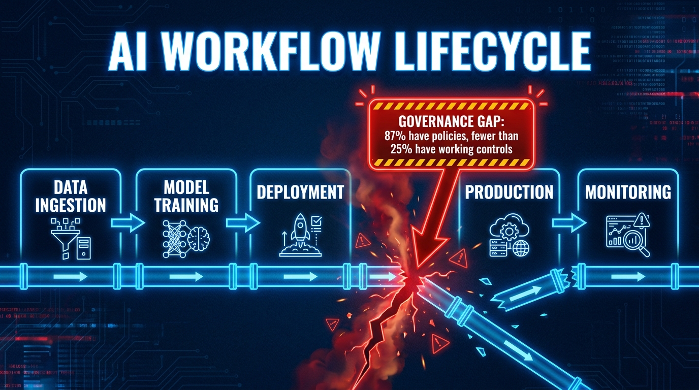 AI workflow lifecycle pipeline diagram showing a governance gap crack between deployment and production stages, with stat overlays: 87% have policies, under 25% have working controls
