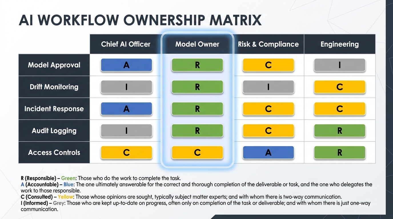 RACI ownership matrix for AI governance showing responsibility assignments across Chief AI Officer, Model Owner, Risk and Compliance, and Engineering roles