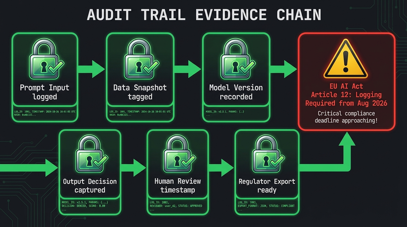 AI audit trail evidence chain flowchart showing logged steps from prompt input through data snapshot, model version, output capture, human review timestamp, to regulator-ready export, with EU AI Act Article 12 deadline callout