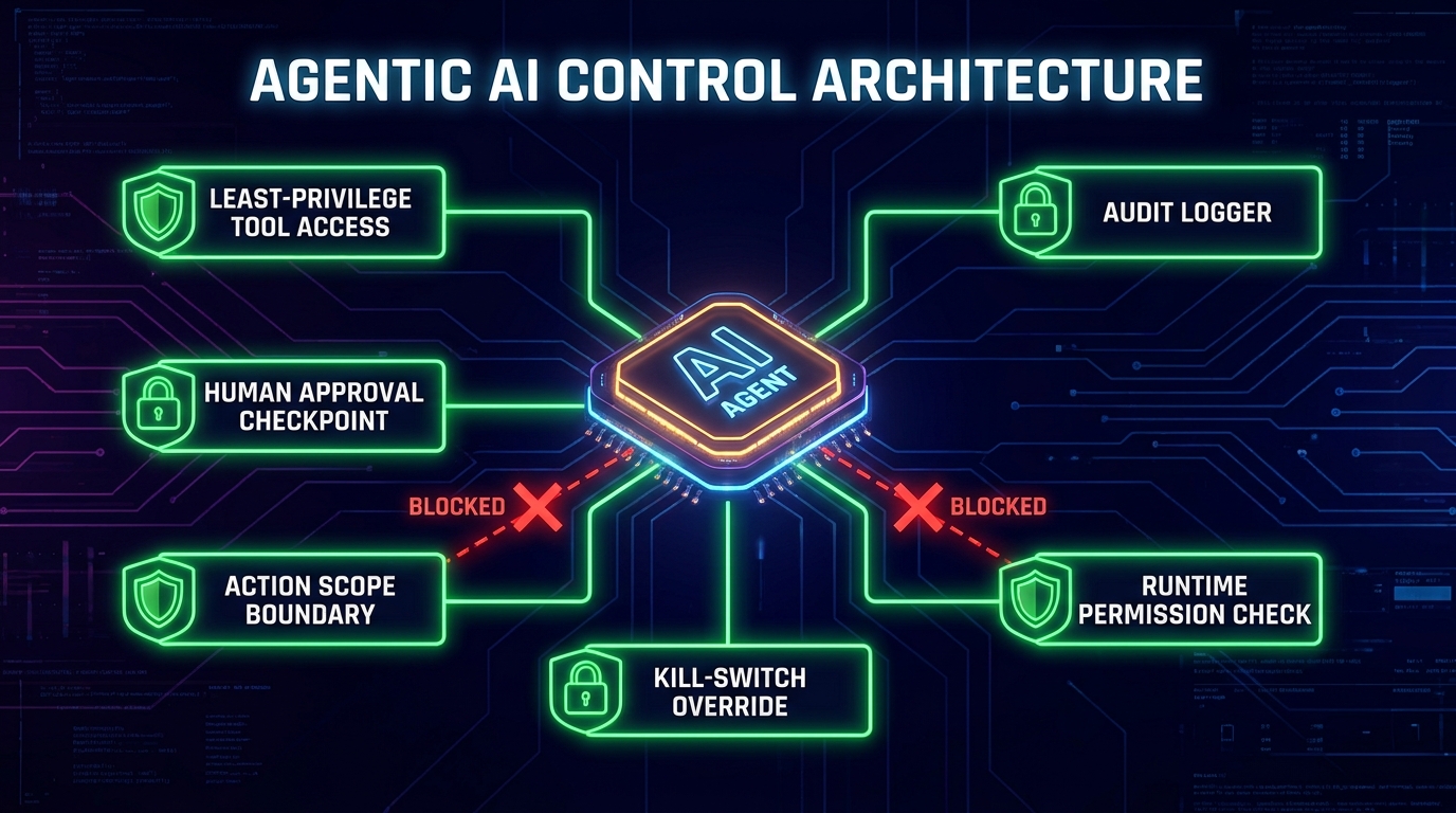 Agentic AI control architecture network diagram showing an AI agent node surrounded by least-privilege tool access, human approval checkpoints, action scope boundaries, kill-switch overrides, and runtime permission controls