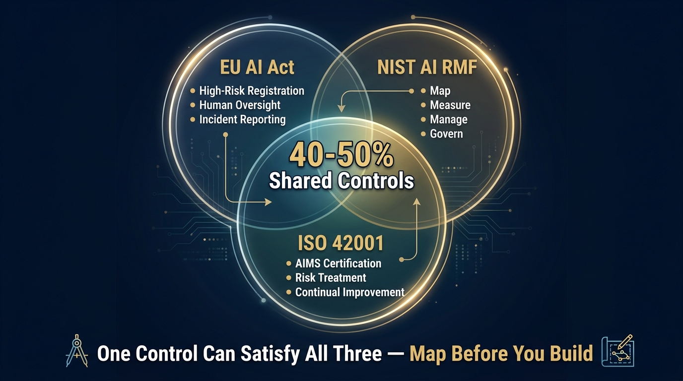 Venn diagram showing 40-50% shared controls between EU AI Act, NIST AI RMF, and ISO 42001 compliance frameworks