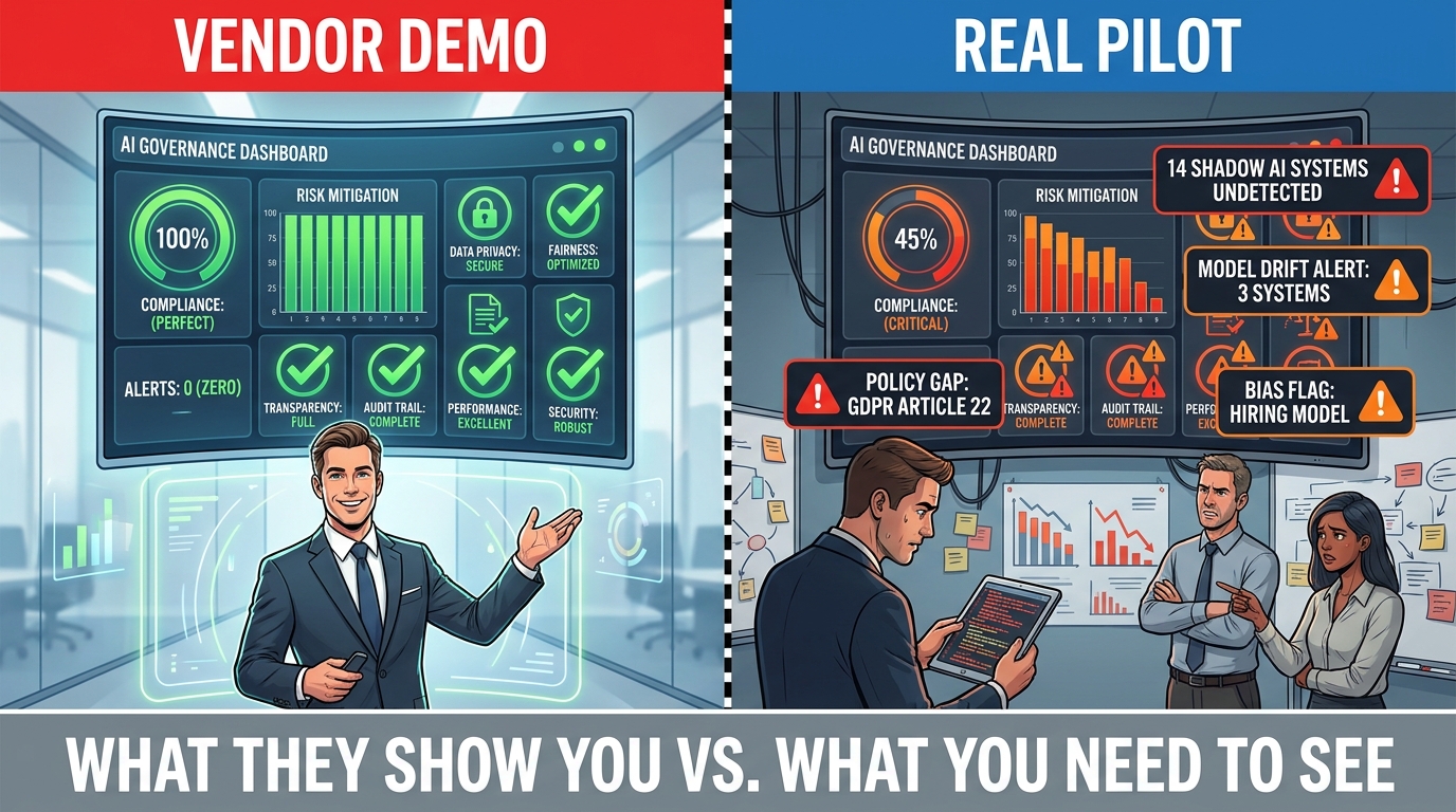Split screen comparison showing vendor demo with perfect metrics versus real pilot revealing shadow AI, model drift alerts, and compliance gaps
