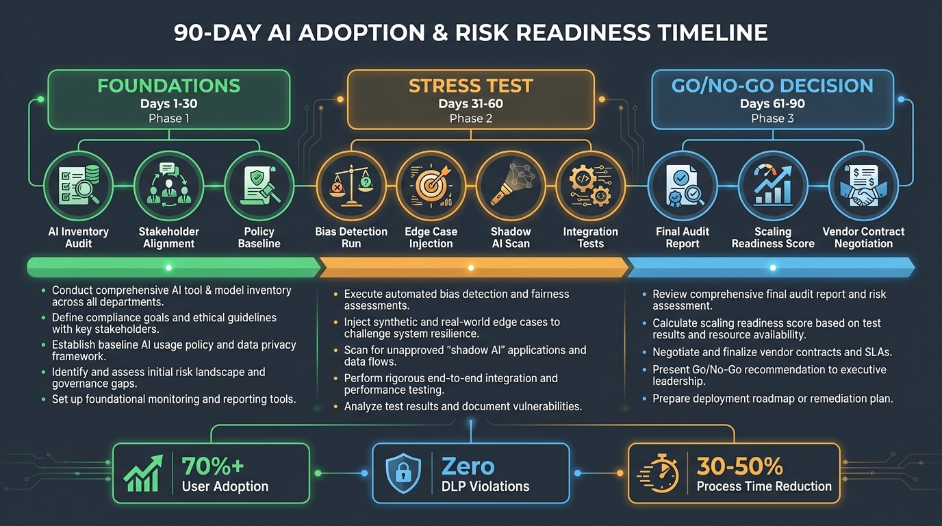 90-day AI governance platform pilot roadmap with three phases: Foundations, Stress Test, and Go/No-Go Decision with KPI targets