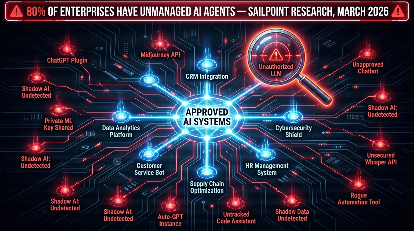 Enterprise network map showing shadow AI systems detected across organization — 80% of enterprises have unmanaged AI agents