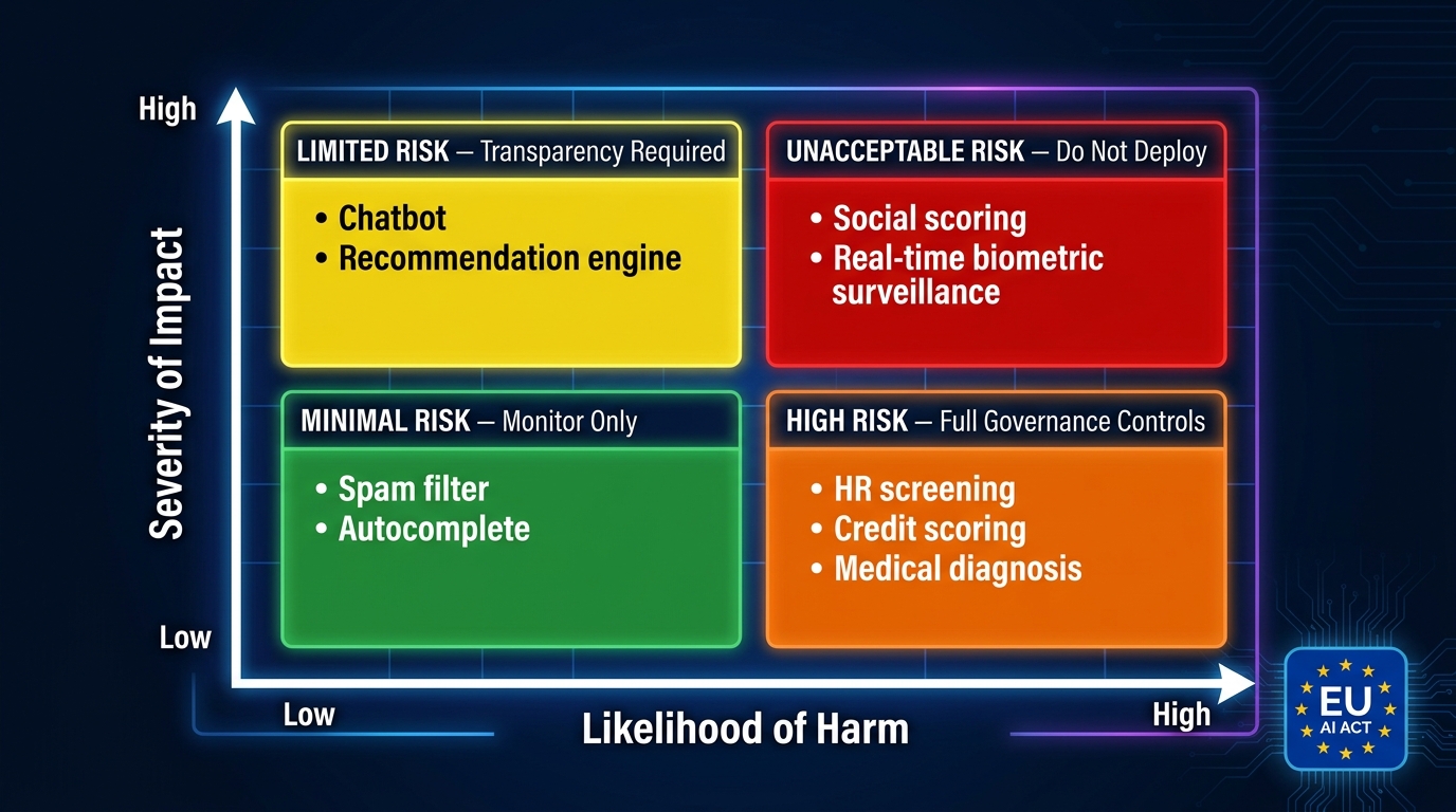 AI risk classification matrix showing four quadrants from minimal risk to unacceptable risk with EU AI Act categories