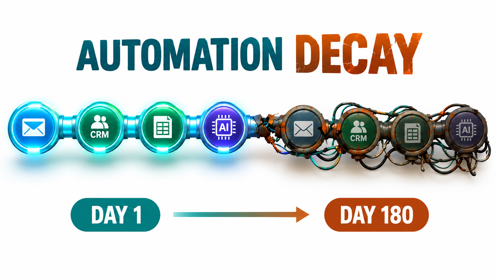 An automated AI workflow pipeline that looks pristine on day 1 and shows rust, cracked connectors and tangled wires by day 180, illustrating automation decay