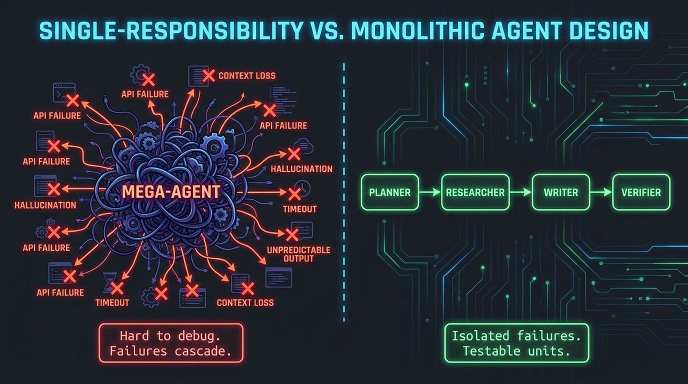 Comparison diagram: single-responsibility modular agents versus monolithic mega-agent design showing failure isolation benefits