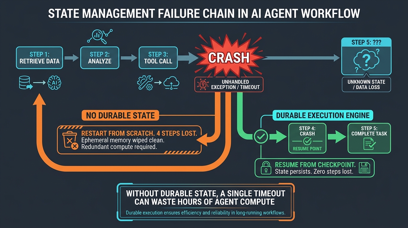 Diagram showing how durable execution engines allow agent workflows to resume from checkpoints rather than restart from scratch after failures