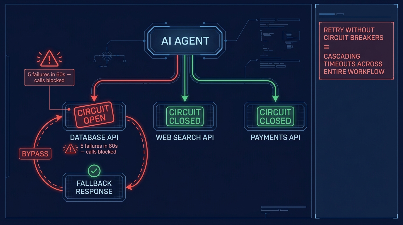 Circuit breaker pattern diagram for AI agent tool calls showing open, closed, and half-open states with fallback routing