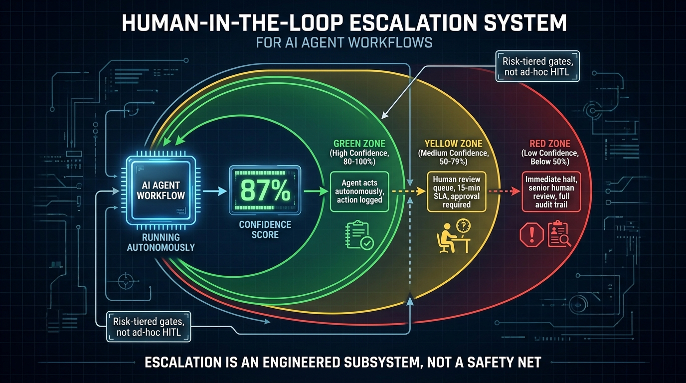Human-in-the-loop escalation system diagram showing three risk tiers — green autonomous, yellow review queue, red immediate halt — for AI agent workflows