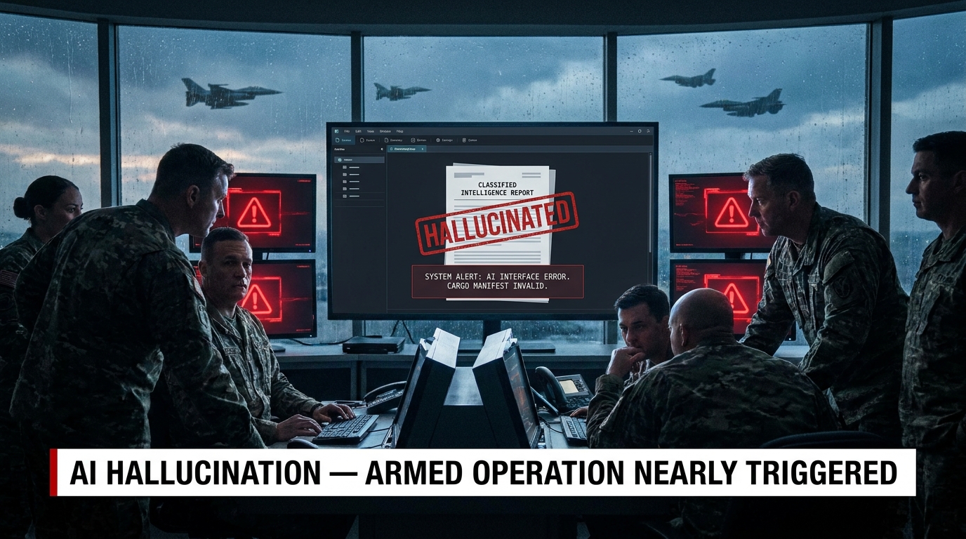 US military command center showing an AI-hallucinated intelligence report that nearly triggered an armed operation against a Chinese vessel