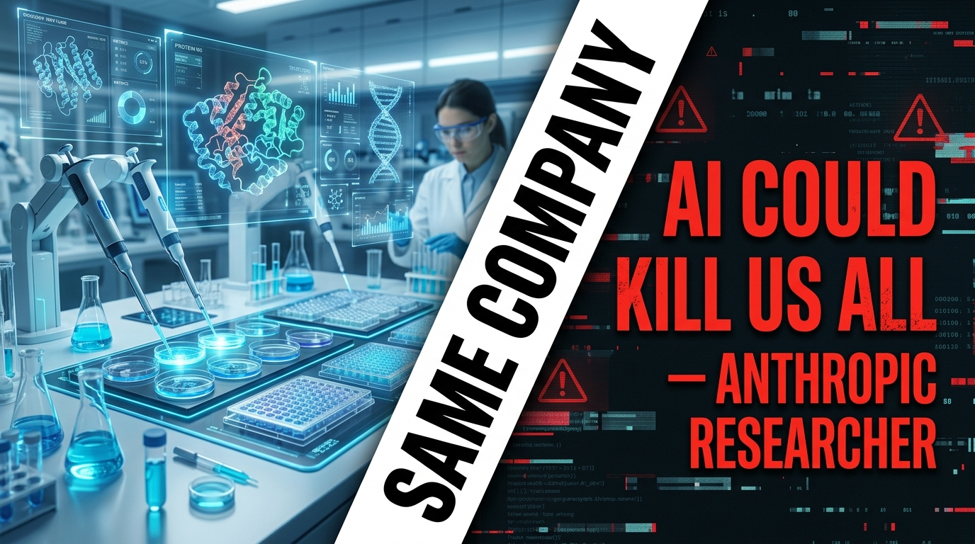 Anthropic's split identity: a biology wet lab on the left versus an AI existential risk warning on the right — same company