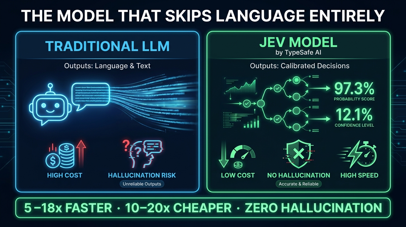 Infographic comparing traditional LLM vs Jev model by TypeSafe AI — 5-18x faster, 10-20x cheaper, zero hallucination