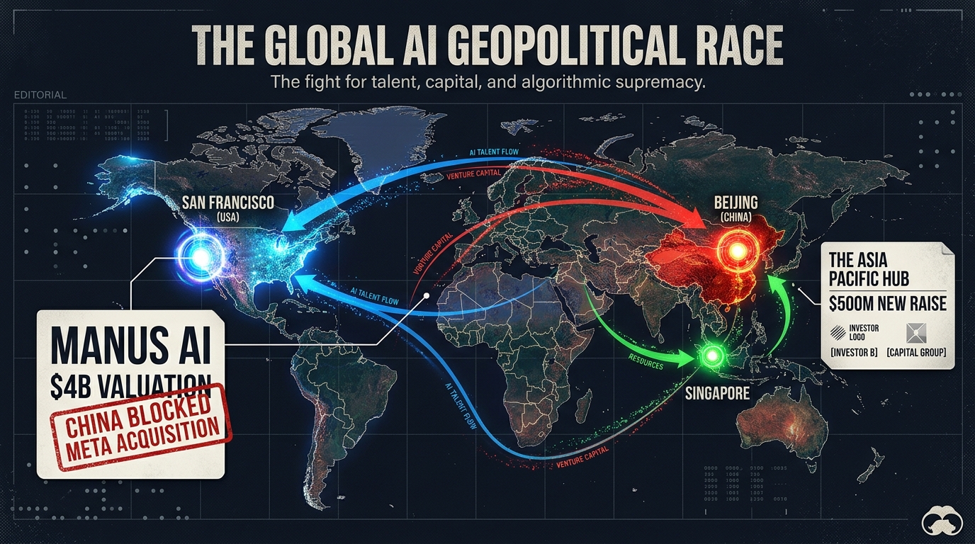 Global AI geopolitical map showing Manus AI $4B valuation, China blocking Meta acquisition, and $500M new fundraise