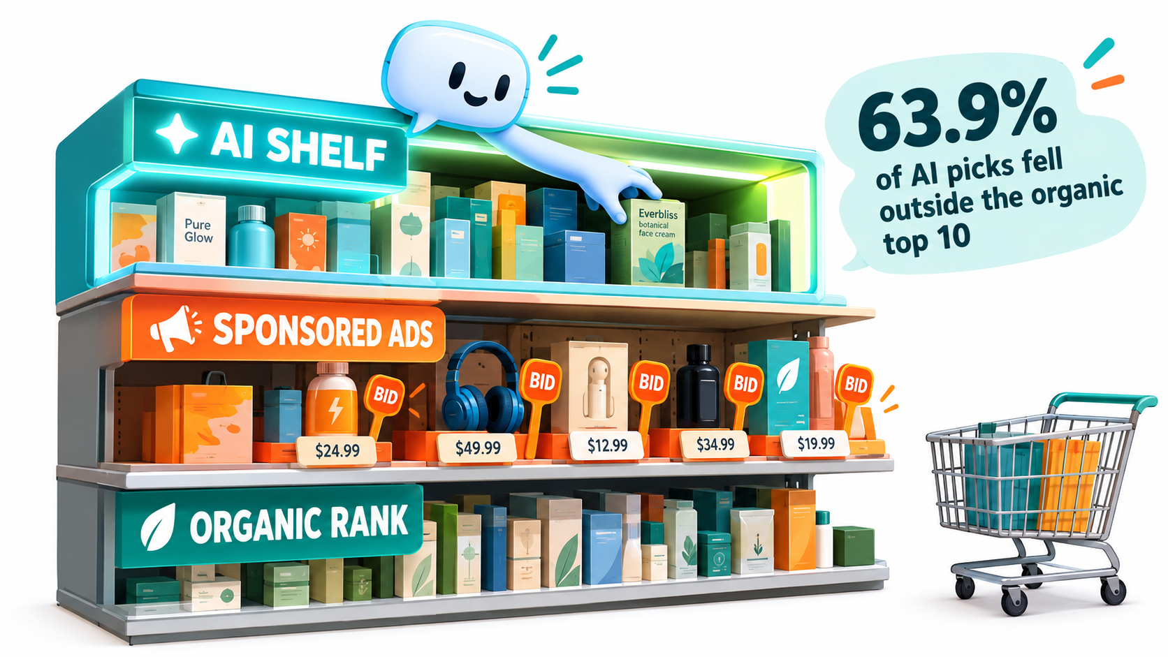 Illustration of three shopping shelves labeled organic rank, sponsored ads, and AI shelf, showing an AI assistant reaching deep into the catalog, with a callout that 63.9% of AI picks fell outside the organic top 10