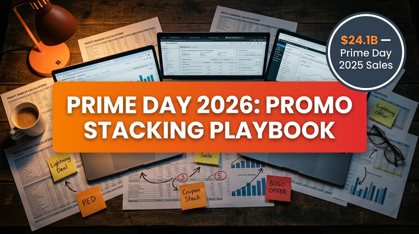 Prime Day 2026 Promo Stacking Playbook — seller war room with margin spreadsheets and deal strategy notes