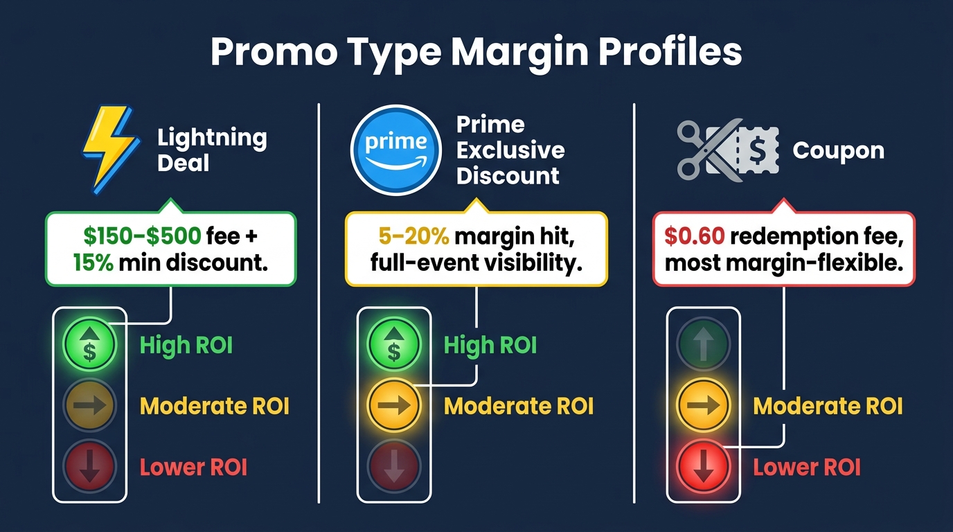 Infographic comparing Lightning Deal, Prime Exclusive Discount, and Coupon margin profiles side by side