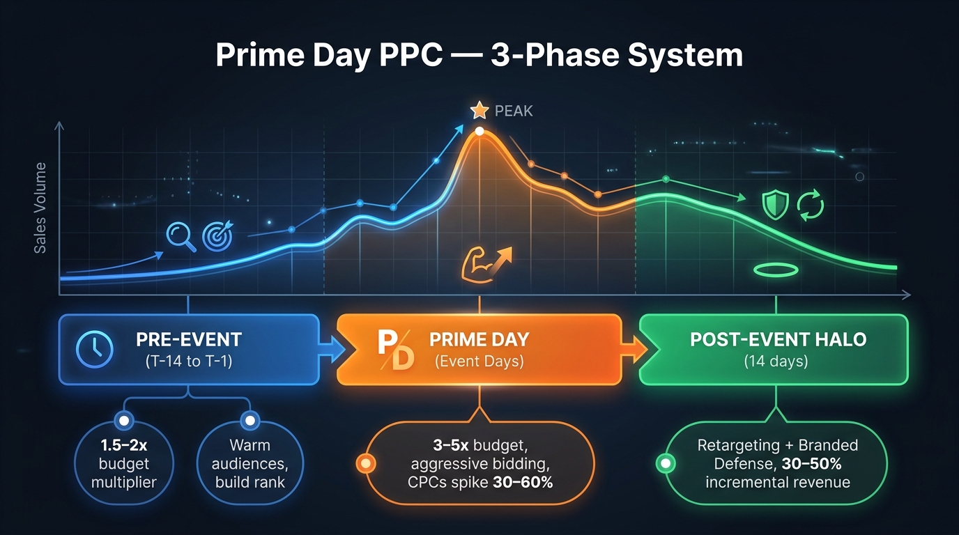 Prime Day 2026 three-phase PPC timeline showing pre-event, event days, and post-event halo with budget multipliers