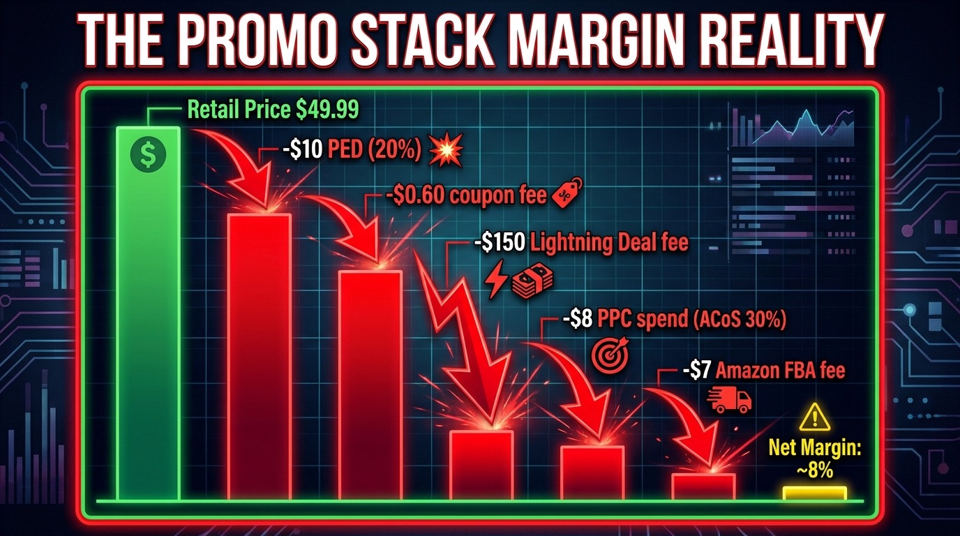 Waterfall chart showing how Prime Day promo stacking erodes product margin from retail price down to thin net margin