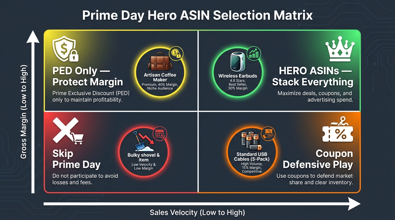 2x2 Hero ASIN selection matrix for Prime Day showing quadrants by sales velocity and gross margin
