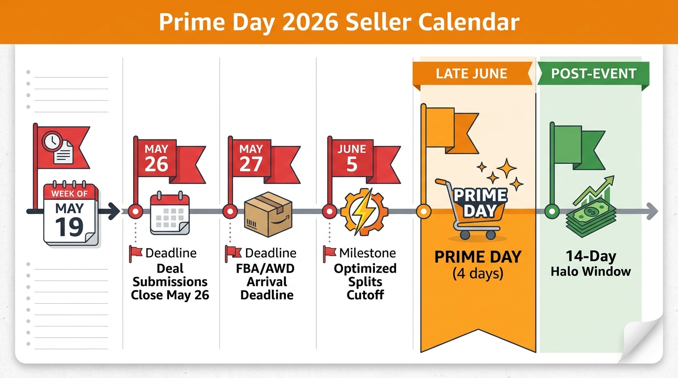 Prime Day 2026 seller preparation calendar showing FBA deadlines, deal submission dates, and the post-event halo window