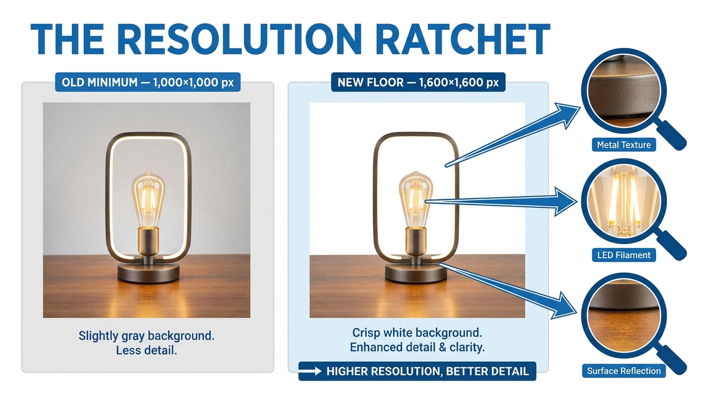 Amazon image resolution comparison: old 1000x1000px minimum vs new 1600x1600px floor showing zoom quality difference