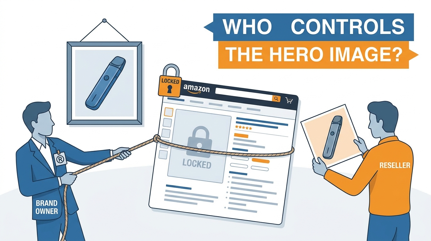Brand owner vs reseller tug-of-war over Amazon product detail page hero image with locked ASIN illustration