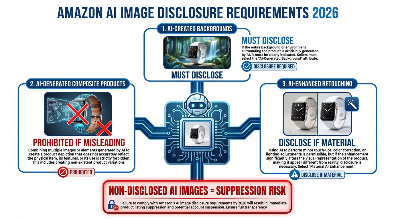 Amazon AI image disclosure requirements 2026 — what must be disclosed for AI-created and AI-enhanced product images