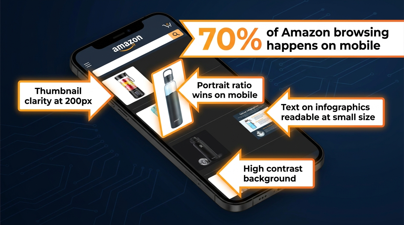 Mobile-first Amazon image optimization showing 70% of Amazon browsing happens on mobile, thumbnail clarity requirements