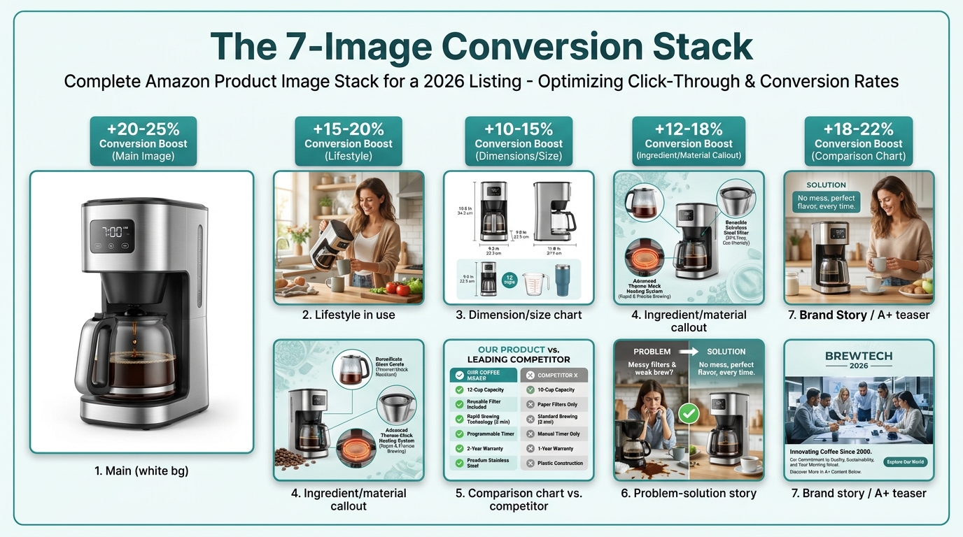 Amazon 7-image conversion stack diagram showing main image through brand story slot with conversion lift percentages