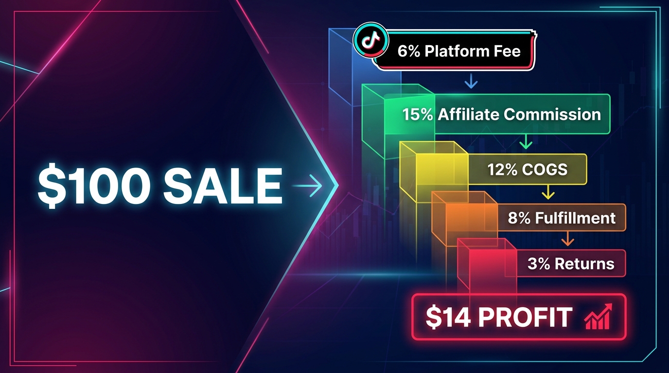 TikTok Shop affiliate margin math: a $100 sale broken down into platform fees, commissions, fulfillment, and net profit