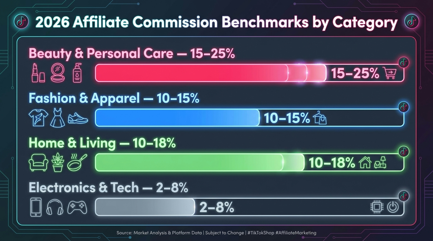 2026 TikTok Shop affiliate commission benchmarks by product category — beauty, fashion, home, electronics