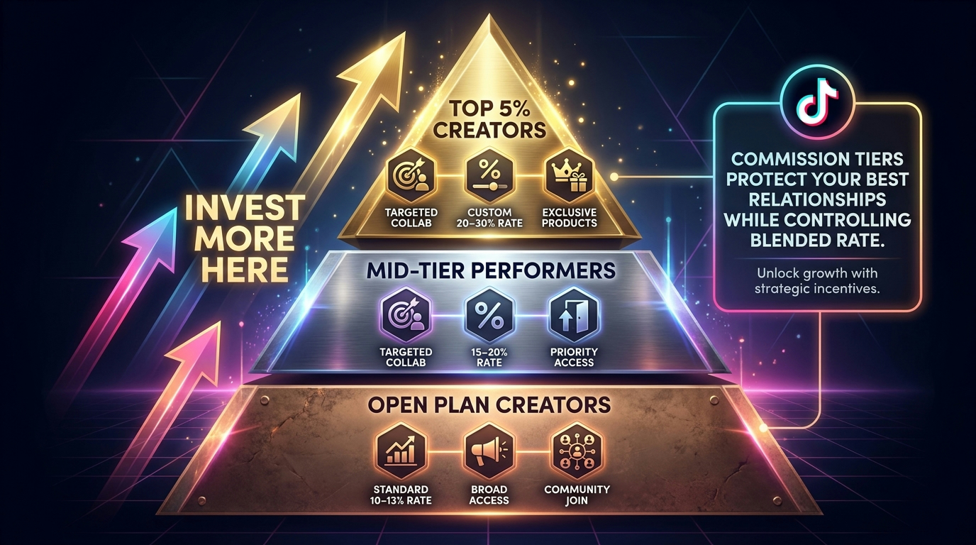 Tiered commission architecture for TikTok Shop sellers: open plan, mid-tier targeted, and top-tier exclusive creator deals