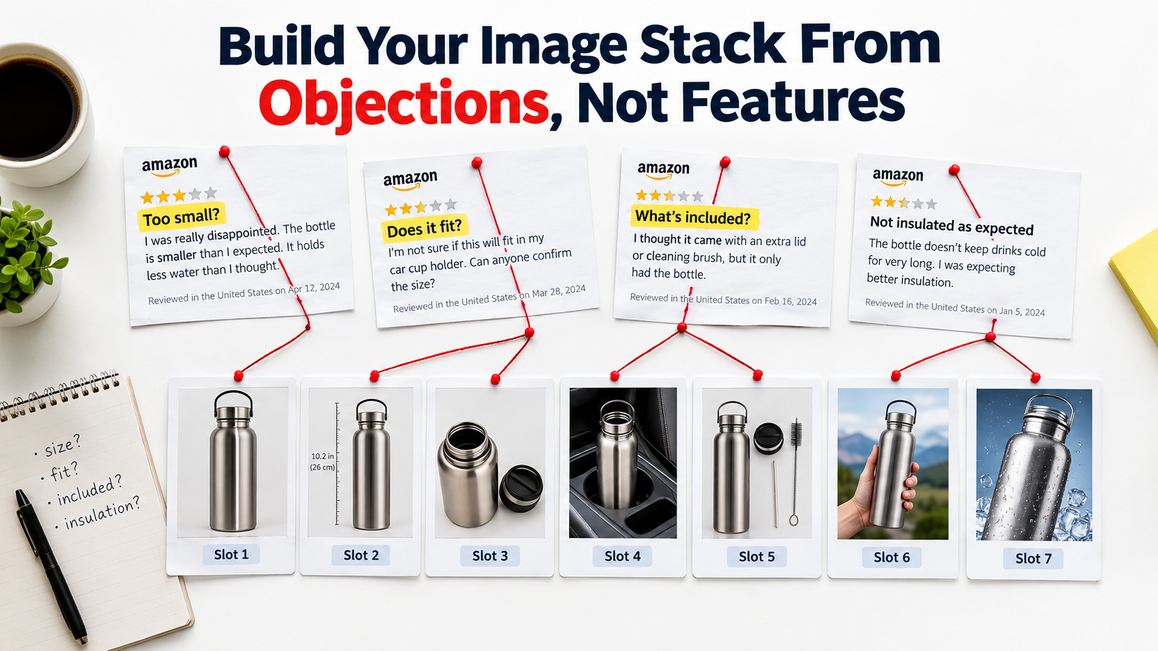 Seller desk with highlighted Amazon review complaints linked by string to seven numbered listing image slots for a water bottle