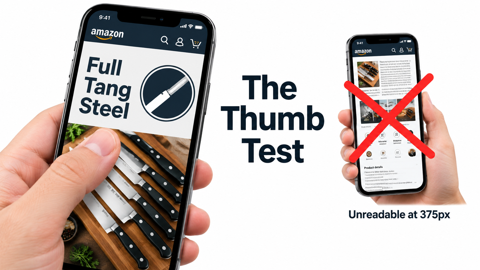 Thumb scrolling a phone showing a clean knife set infographic with three bold words beside a cluttered unreadable version
