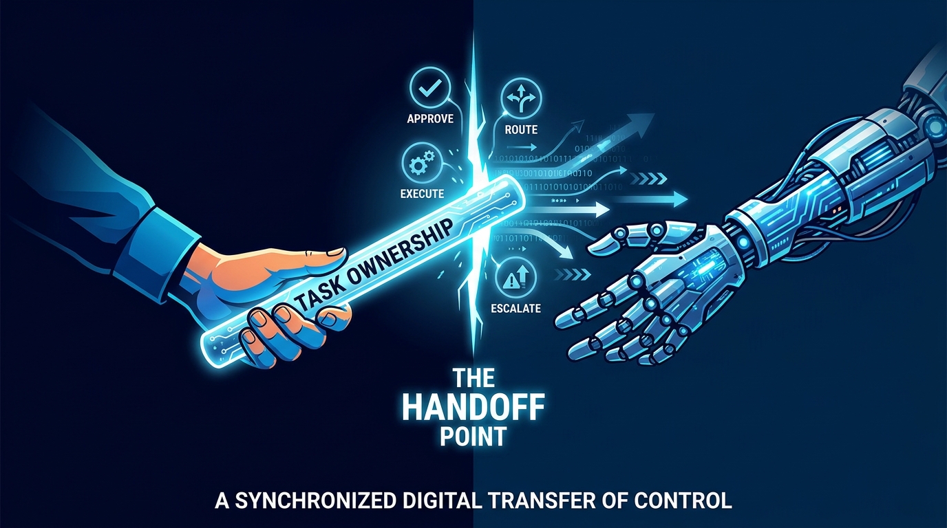 The AI workflow handoff — the moment task ownership transfers from human to AI agent, illustrated as a baton pass across a threshold dividing human and autonomous execution