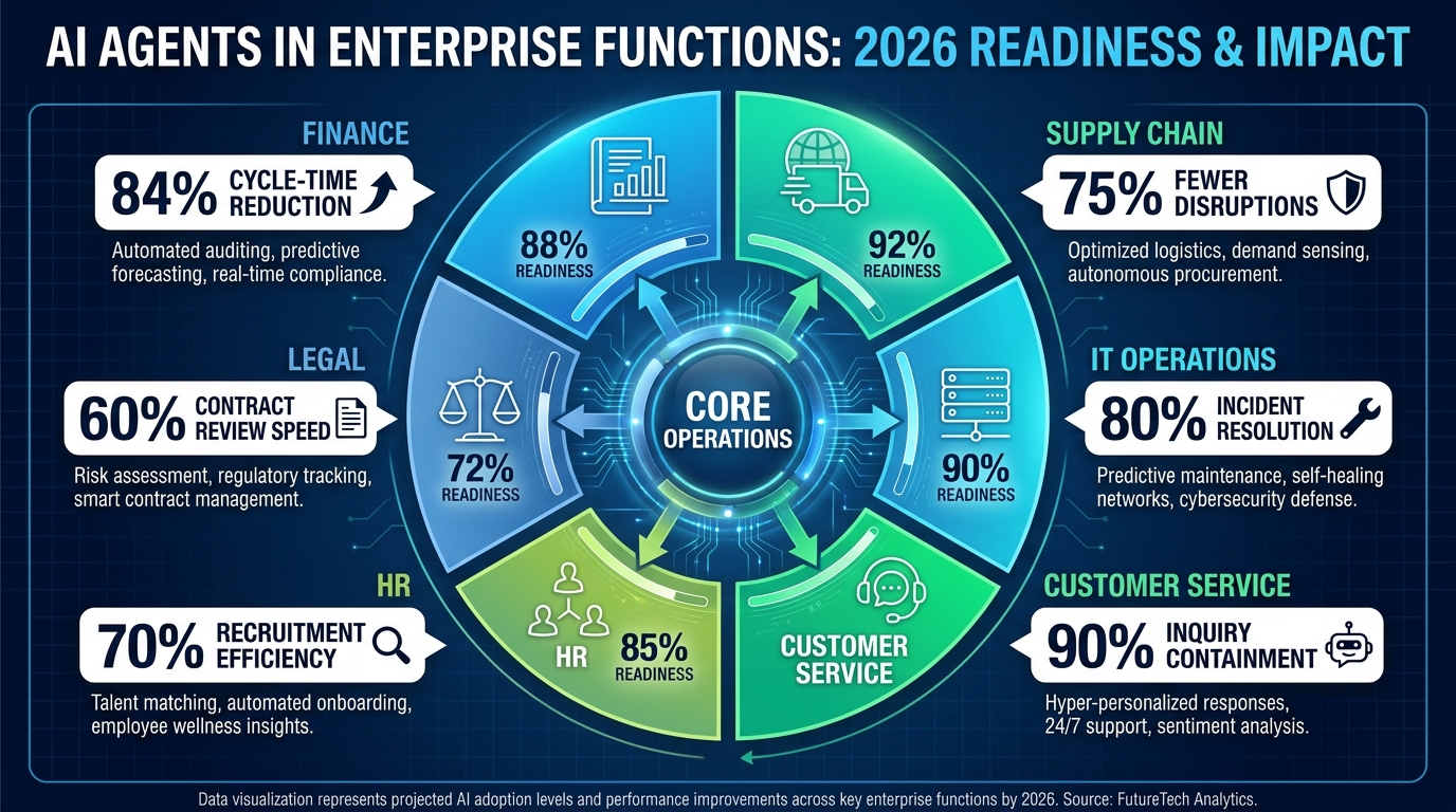Enterprise AI agent adoption by function in 2026 — circular diagram showing finance, supply chain, customer service, HR, legal, and IT operations with adoption readiness and reported efficiency metrics