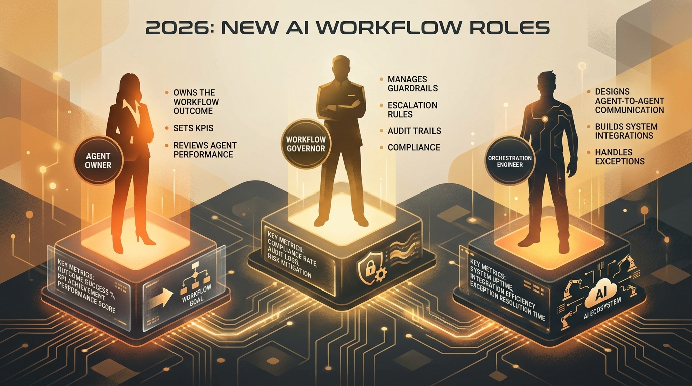 Three new enterprise roles created by AI workflow handoffs: Agent Owner, Workflow Governor, and Orchestration Engineer — each with distinct responsibilities for outcomes, governance, and system integration