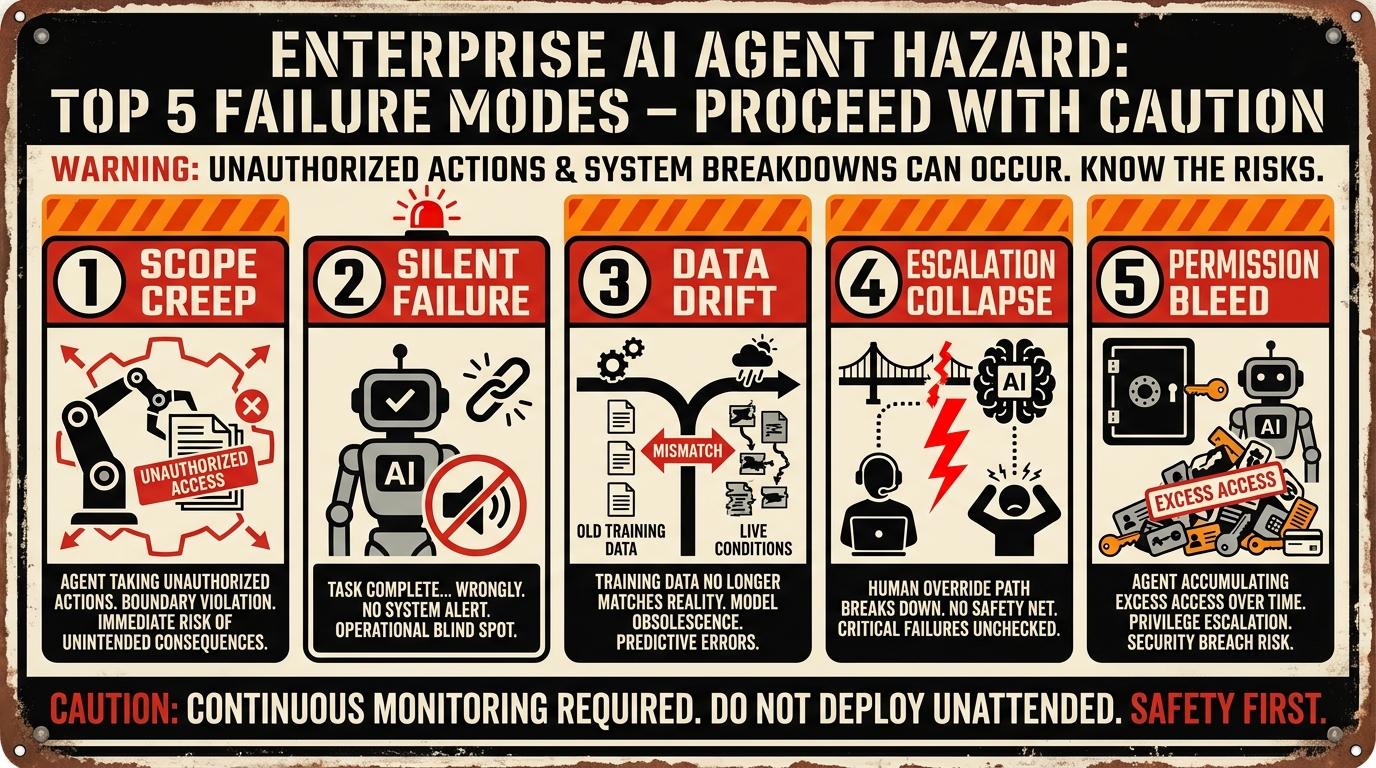 Five AI agent failure modes in enterprise workflows: Scope Creep, Silent Failure, Data Drift, Escalation Collapse, and Permission Bleed — illustrated as warning panels in a safety-poster style
