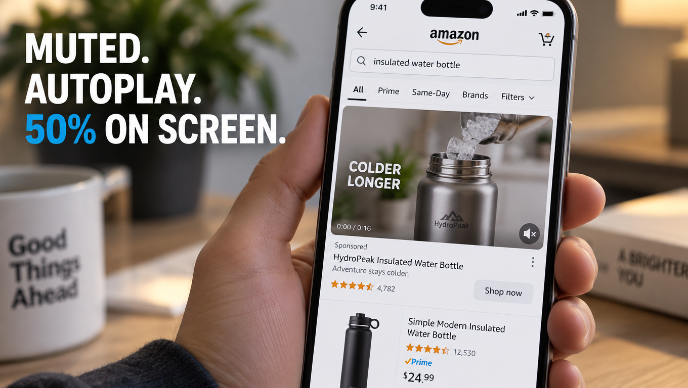 Smartphone showing an Amazon mobile search page with a muted Sponsored Brands video autoplaying, overlay text reading Muted, Autoplay, 50% on screen