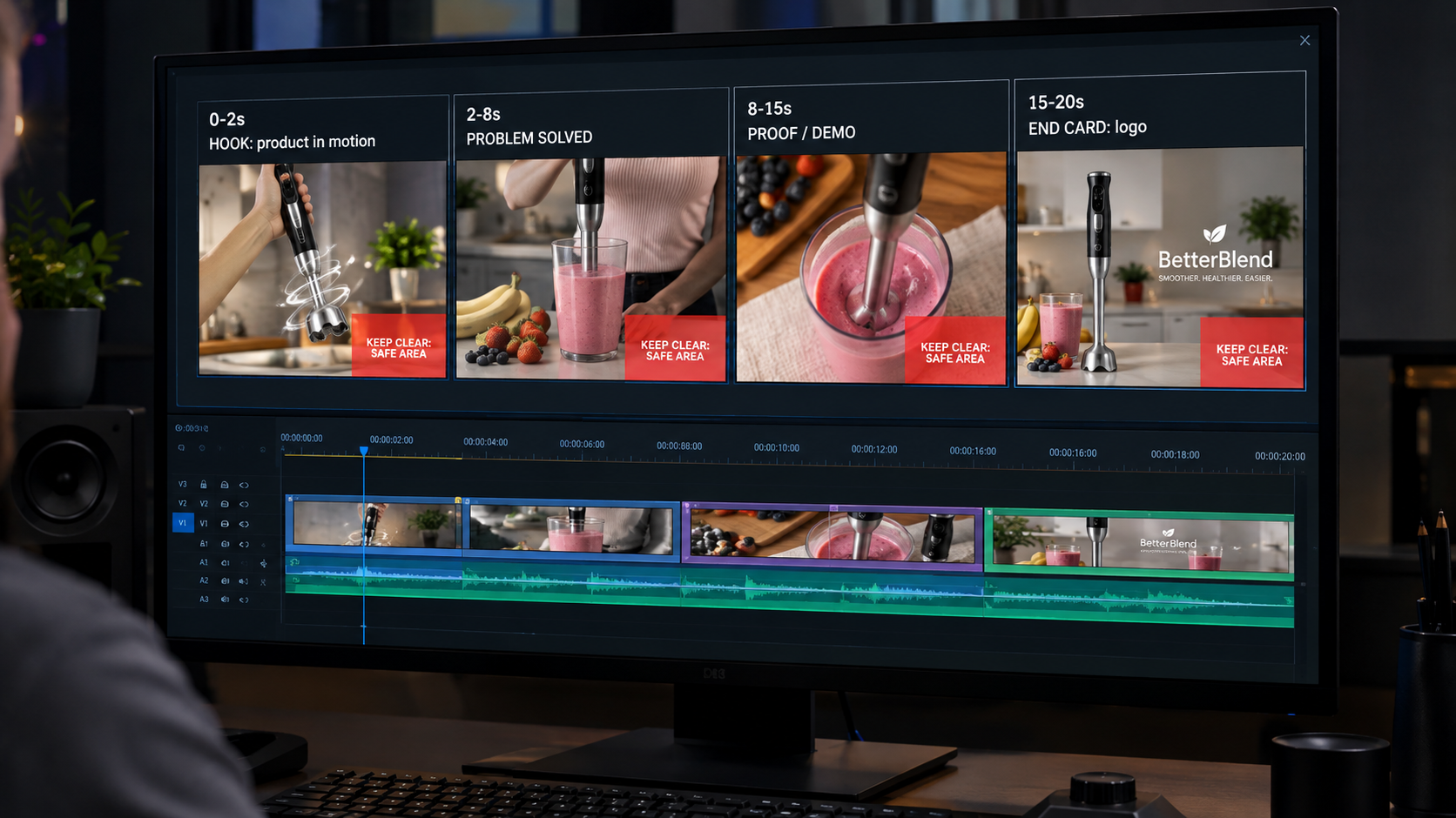 Video editing timeline storyboard splitting a 20-second Sponsored Brands video into hook, problem solved, proof, and end card segments with the lower-right safe area marked