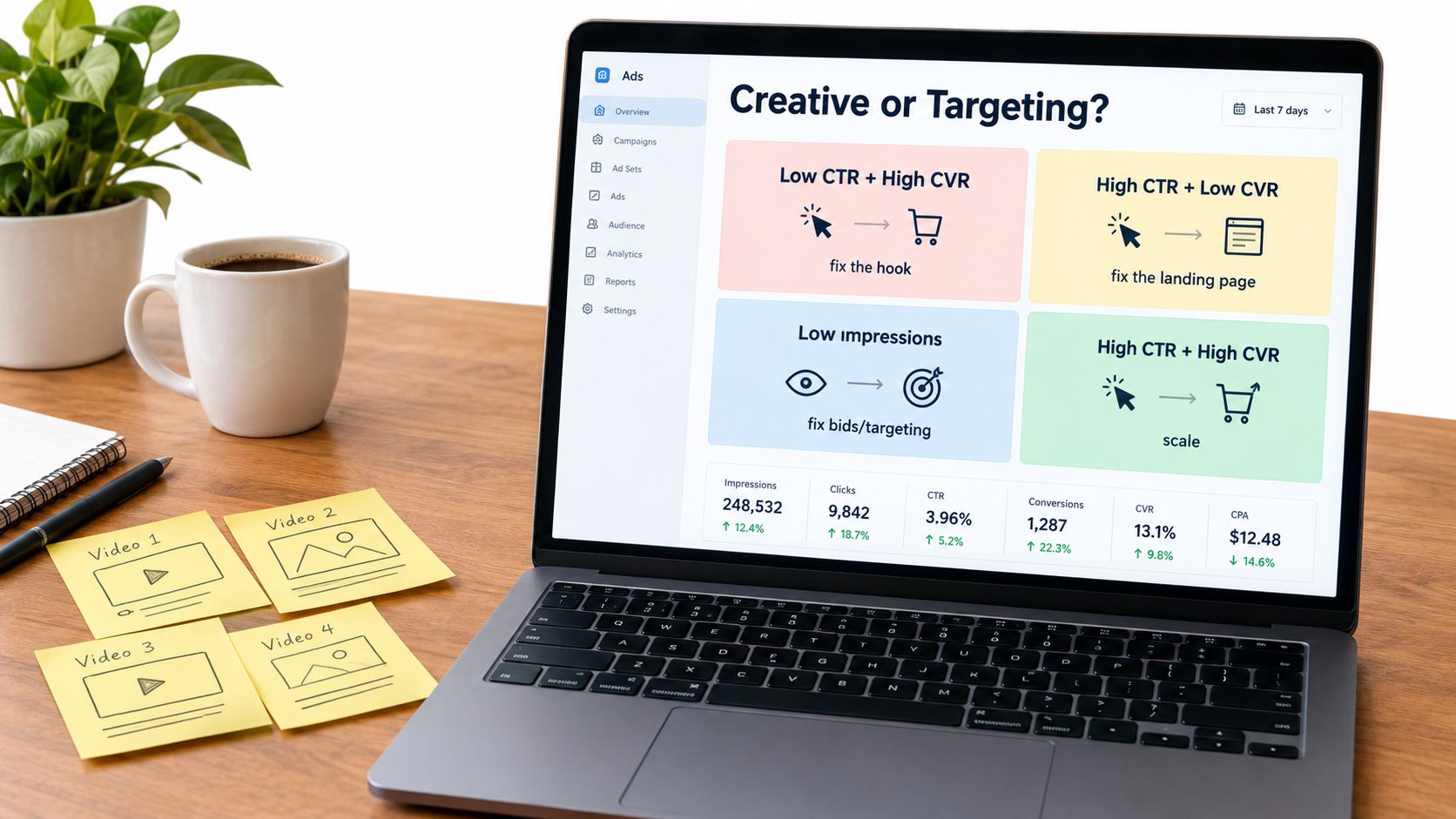 Laptop dashboard with a diagnostic grid showing whether Sponsored Brands video issues come from the creative hook, landing page, or targeting