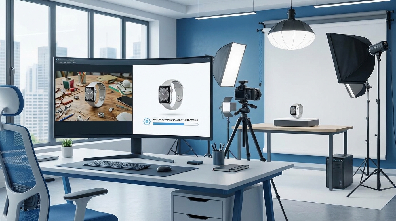 Professional Amazon product photography studio showing AI-powered background replacement workflow on a monitor