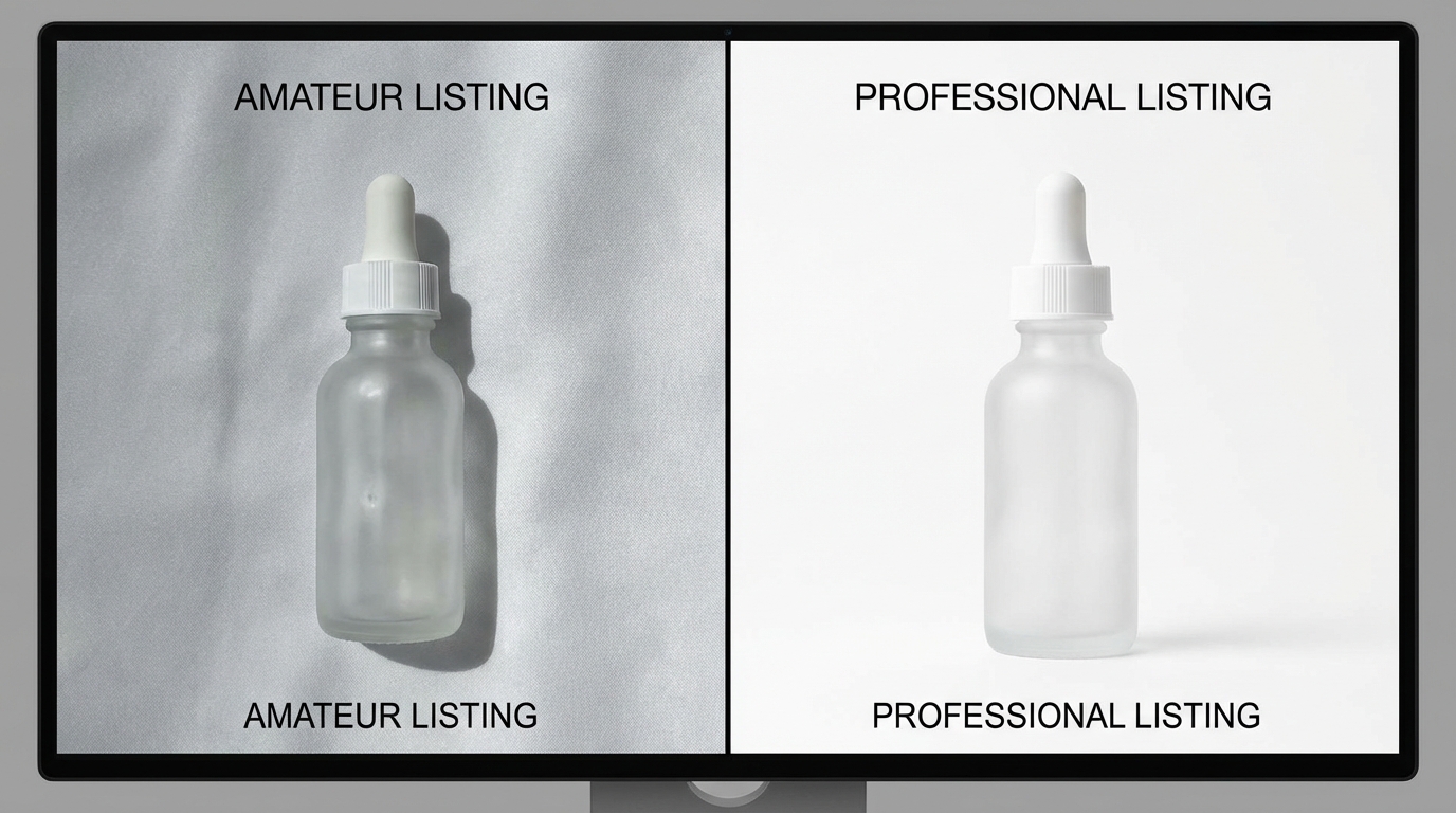 Comparison of two Amazon product images showing off-white background with artifacts versus perfect pure white compliant background