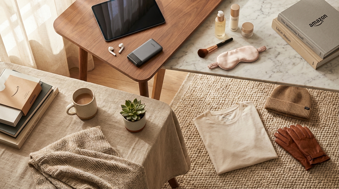 Various Amazon product categories arranged in lifestyle settings showing category-specific background photography approaches